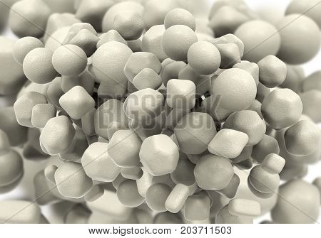 Zinc oxide nanoparticles, 3D illustration. ZnO nanoparticles have application as biosensors, in drug delivery, cosmetics, optical and electrical devices, solar cells and other areas