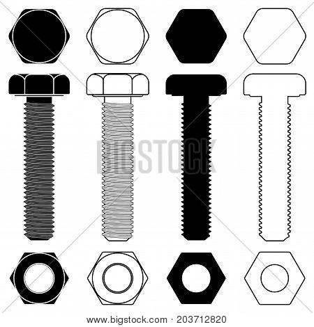 Metal bolt with nut. Outline and silhouette drawing. Vector illustration isolated on white background
