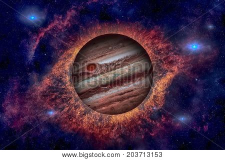 Planet Jupiter. Nebula On The Background.
