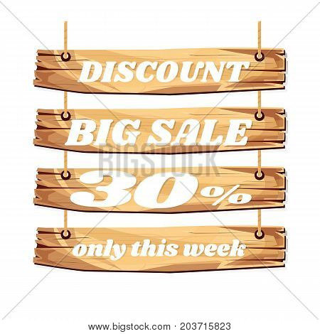 wooden sign board. sale discount 30%. Sale signboard. surface. vector. on white background