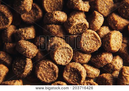 Dried dog and cat food background macro . cat food wallpaper closeup