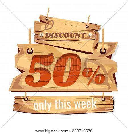 wooden sign board. sale discount 50%. Sale signboard. surface. vector. on white background