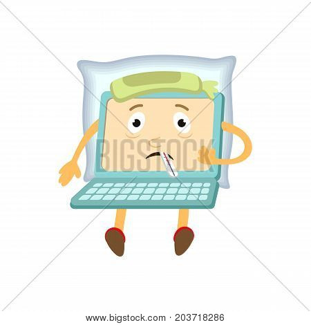 vector flat cartoon funny laptop humanized male character with arms, legs and face holding termometer in mouth, suffering from headache . Isolated illustration on a white background.