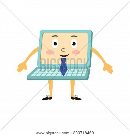 vector flat cartoon cheerful funny laptop humanized character with arms, legs and face wearing shoes, blue necktie smiling. Isolated illustration on a white background.