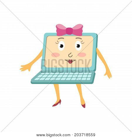 vector flat cartoon funny laptop humanized female girl character with arms, legs and face , wearing red bow and smiling. Isolated illustration on a white background.