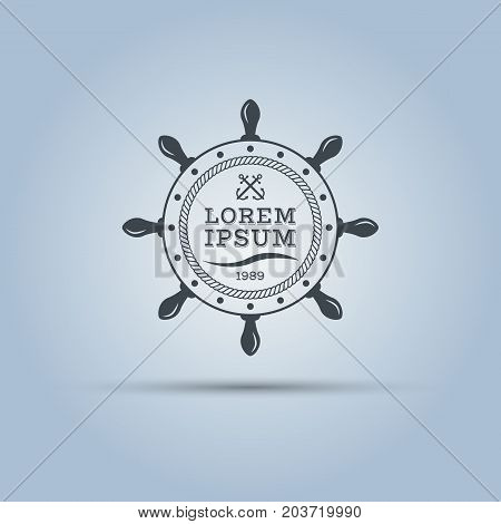 marine helm wheel with sample text in middle isolated vector label template