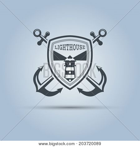 lighthouse in middle shield behind which two crossed anchor isolated vector label template