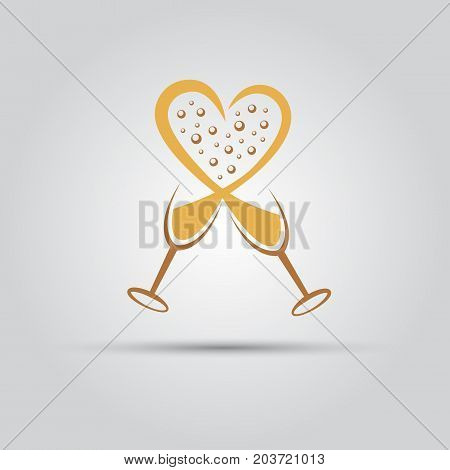 two glasses champagne splash of which forms abstract heart isolated vector colored symbol