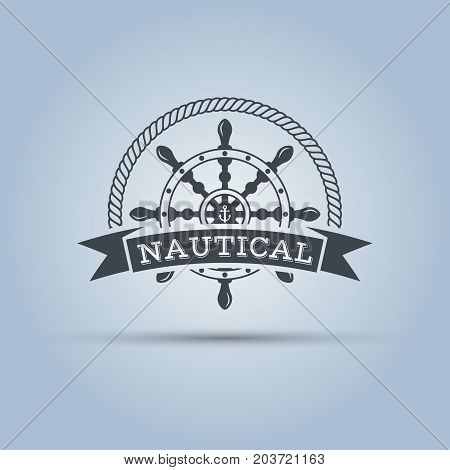 nautical helm wheel with ribbon for text around which the rope isolated vector label template