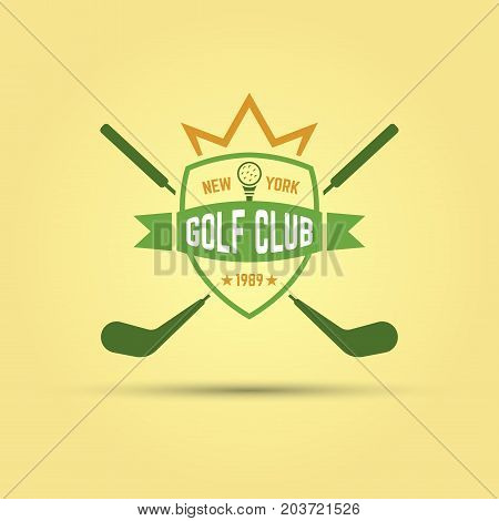 golf sport club shield with ribbon and crossed golf sticks isolated vector colored badge template