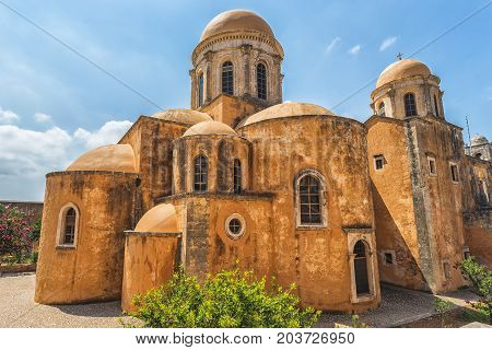 Chania, Greece - August, 2017: Monastery of Agia Triada Tzagaroli in Chania region on Crete island, Greece.