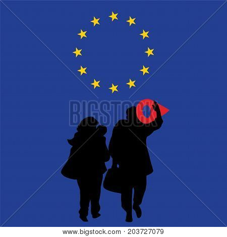 Refugees on European Union Flag Background. Vector Illustration