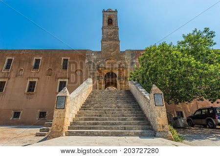 Chania, Greece - August, 2017: Monastery of Agia Triada Tzagaroli in Chania region on Crete island, Greece.