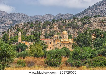 Chania Greece - August 2017: Monastery of Agia Triada Tzagaroli in Chania region on Crete island Greece.