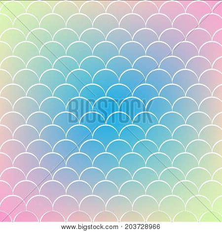 Squama on trendy gradient background. Square backdrop with squama ornament. Bright color transitions. Mermaid tail banner and invitation. Underwater and sea pattern. Blue, yellow, pink colors.