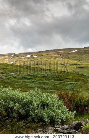 Mountain landscape along the National tourist route Aurlandstjellet. Flotane. Western Norway