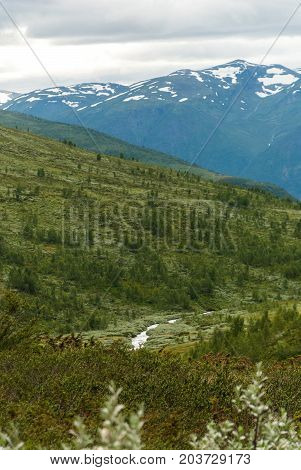 Mountain landscape along the National tourist route Aurlandstjellet. Flotane. Western Norway