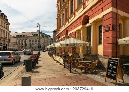 Warsaw, Poland - August 2, 2017: Architecture And People On The Street New World In Warsaw.