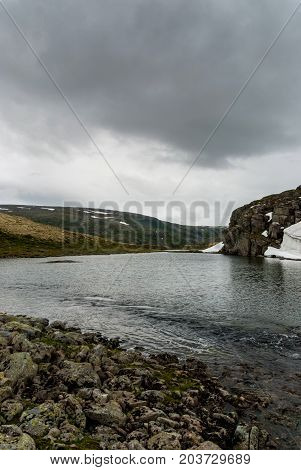 Mountain landscape along the National tourist route Aurlandstjellet. Flotane. Western Norway