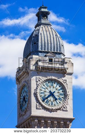 Clock Tower of the Gare de Lyon railway station one of the oldest and most beautiful railway stations in Paris. France