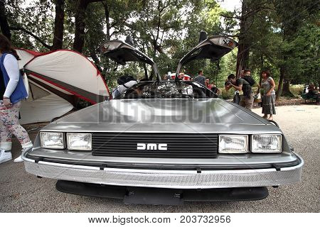Genoa Italy - September 10: The movie De Lorean Return to the future on display during the Genova cosplay race