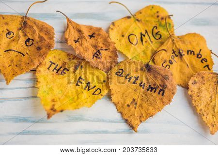 Yellow And Green Leaf With The Inscription Autumn On The Old Wooden Background