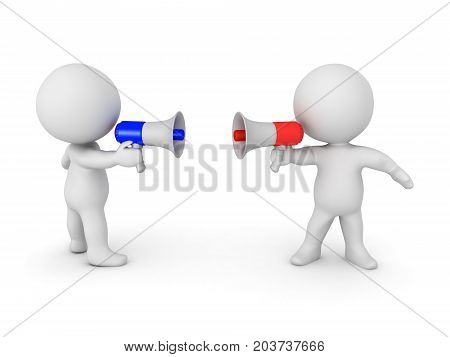 Two 3D Characters standing in front of each other holding loudspeakers. Image conveying the concept of conflicting points of view.