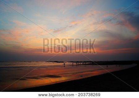 Beautiful sunset on the beach, Morjim, Goa, India.