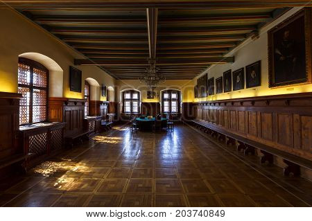 LEVOCA, SLOVAKIA - AUGUST 28, 2017: Interior of historical town hall of the town of Levoca, Slovakia on August 28, 2017.