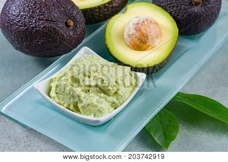 Avocado Skin & Hair Care Home Spa, Ripe Avocados And Bowl With Homemade Fresh Avocado Mask