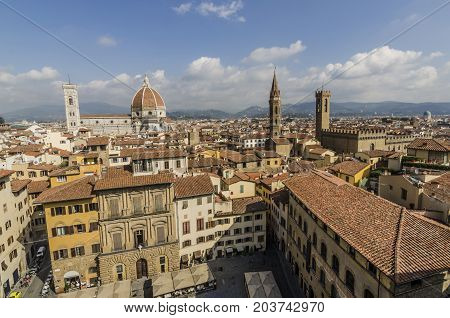 view of the city of florence in which they emphasize the towers by order of the cathedral the florence badia in which the dante could see to beatrice and finally the one of the museum of bargello