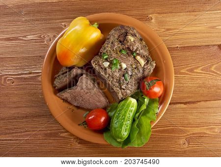 sliced rare roast beef farm-style.farmhouse kitchen  , close up meal