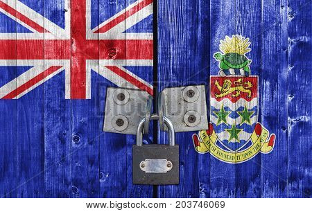 Cayman Islands flag on door with padlock