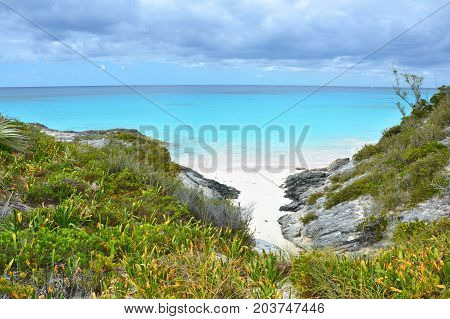 White sand beach bay on Eleuthera island Bahamas