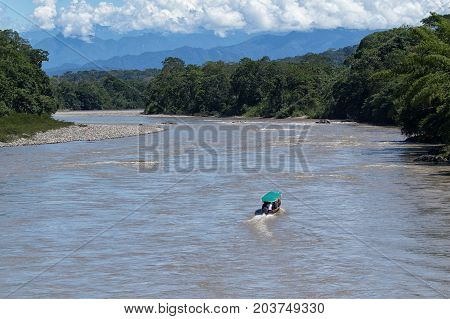 June 6 2017 Misahualli Ecuador: boats are used as a main transportation on river Napo in the Amazon area of the country