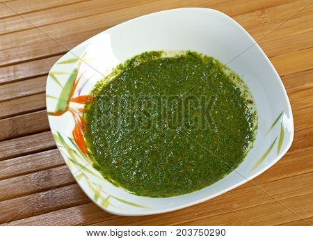 Classic Yemenite sauce zhug . farm-style  , close up