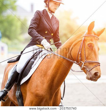 Young rider girl on sorrel horse at dressage equestrian competition