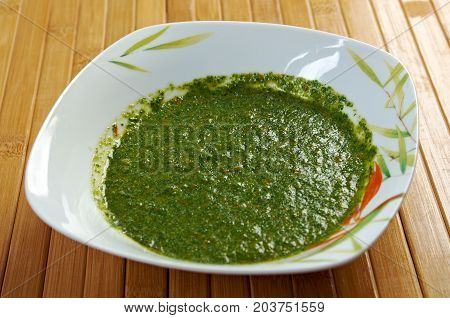 Classic Yemenite sauce zhug . farm-style  , close up