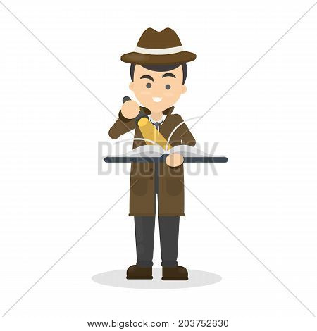 Detective with book and light searcing for answers on white background.