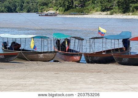 June 6 2017 Misahualli Ecuador: boats are used as a main transportation on river Napo in the Amazon area of the country