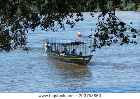 June 6 2017 Misahualli Ecuador: motorized small boats are used as a main transportation on river Napo in the Amazon area of the country