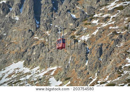 TATRANSKA LOMNICA SLOVAKIA - JANUARY 1 2016: Red cable car going to Lomnicky stit peak. It is one of the steepest cable cars in Europe