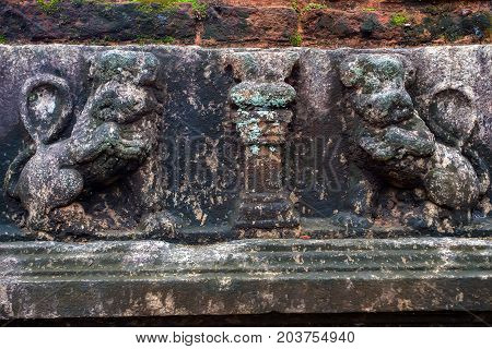 Close-up of stone lion relief of Polonnaruwa in Sri Lanka