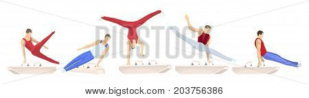 Gymnastics with horse. Athletes in uniform on white background.