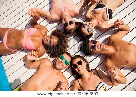 Diverse Chilling Fashionable Youth. Happy Six International Tourists On The Beach In Trendy Sun Prot