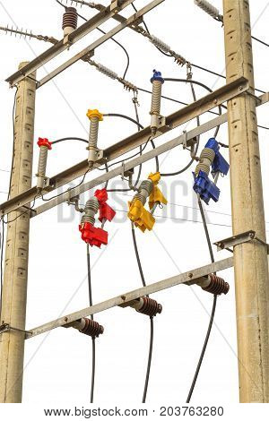 Automatic fuze ceramic High voltage power lines with electricity pylon isolated on white background