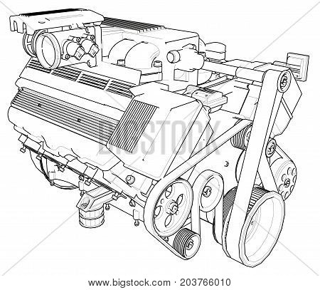Powerful car engine. The engine is drawn with black lines on a white background