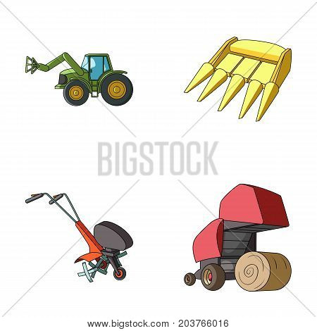 Motoblock and other agricultural devices. Agricultural machinery set collection icons in cartoon style vector symbol stock illustration .