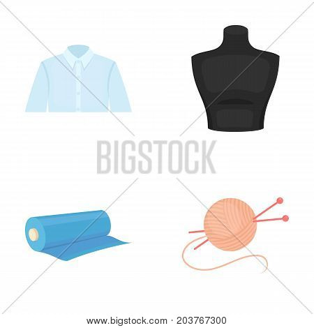A man's shirt, a mannequin, a roll of fabric, a ball of threads and knitting needles.Atelier set collection icons in cartoon style vector symbol stock illustration .