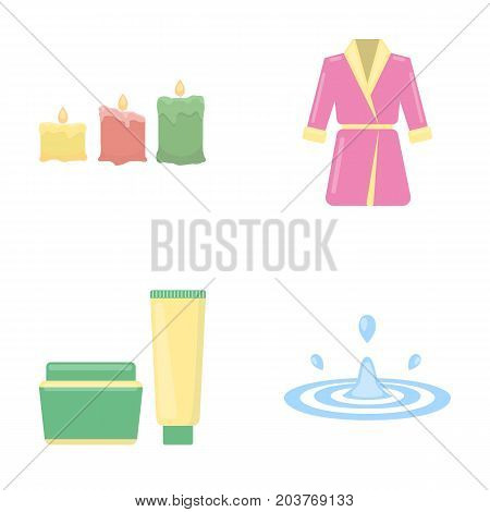 Multicolored burning candles, a pink robe with a yellow belt and a collar, a tube with cream and a jar with an ointment, a drop of water.Spa set collection icons in cartoon style vector symbol stock illustration .